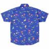 Back view of the blue rave button-down shirt with playful dinosaur design