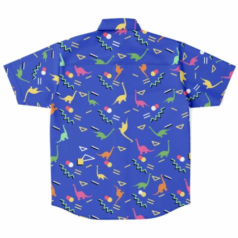 Blue button-up with playful dinosaur design, back view