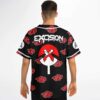 Back view on model showing Excision logo and X emblem over red cloud print jersey