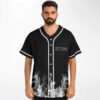 Front view of model wearing black rising flames baseball jersey with Chris Lake logo