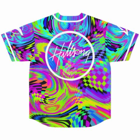 Neon swirl checkerboard print jersey back with circular Hillsong logo graphic