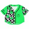 Vibrant green rave cropped baseball jersey with checkerboard pattern and smiley face