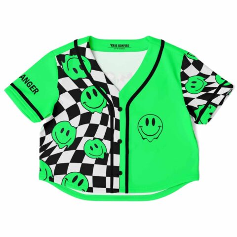 Vibrant green cropped baseball jersey with checkerboard and smiley face