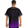 Model wearing black to purple ombre baseball jersey with K5 outline graphic on back