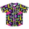 Front view of black baseball jersey with colorful psychedelic mushroom print and dinosaur skull patch