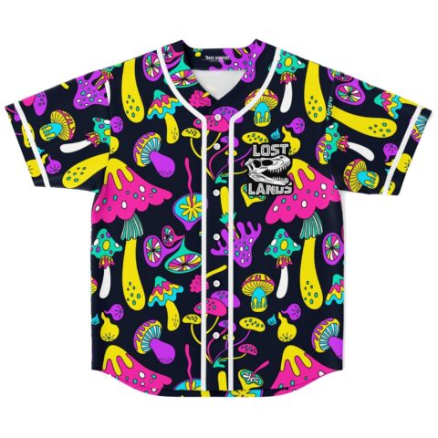 Front view of black baseball jersey with colorful psychedelic mushroom print and dinosaur skull patch