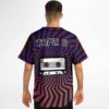 Model wearing Tape B rave baseball jersey back view with zigzag burst print and cassette