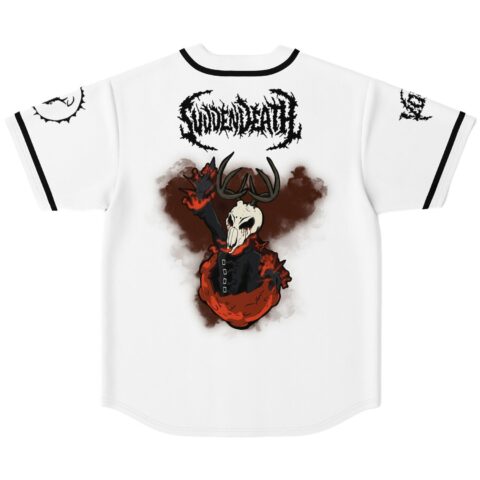 Back view of white jersey showing skull-masked figure emerging from red smoke below spiked SVDDENDEATH