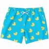 Yellow rubber duck print swim trunks on turquoise blue background front view