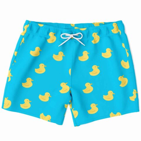 Yellow rubber duck print swim trunks on turquoise blue background front view
