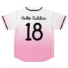 Back view of pink ombre baseball jersey reading Hello Riddim and number 18