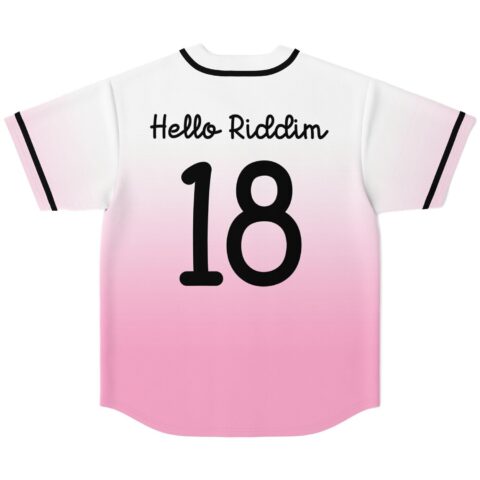 Back view of pink ombre baseball jersey reading Hello Riddim and number 18