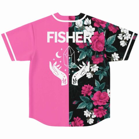 Fisher split panel jersey back view, pink half and rose floral half, crystal hand design