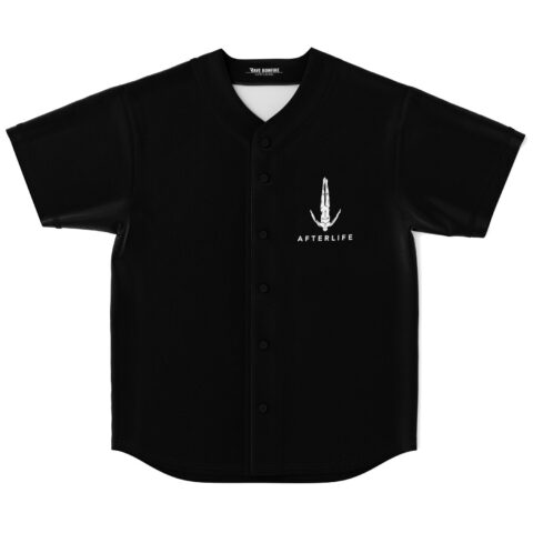 Black rave baseball jersey front view, button placket, small diving figure chest logo, Afterlife text