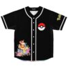 Black baseball jersey with evolution creature pile print and red ball emblem, front flat lay