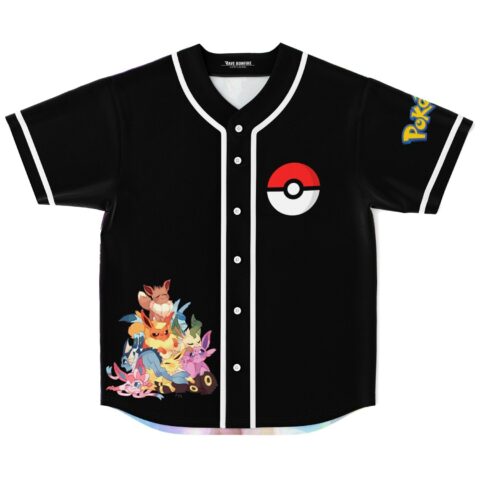 Black baseball jersey with evolution creature pile print and red ball emblem, front flat lay