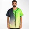 Man wearing polarity neon green flame baseball jersey close front view