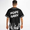 Back view of model wearing black flame print jersey reading More Baby