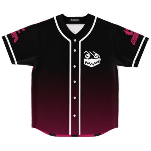 Black to hot pink gradient baseball jersey front with white fanged monster face logo