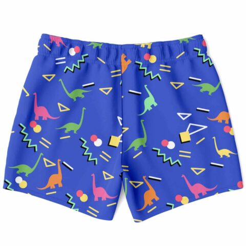 Back view of long neck dinosaur swim trunks with 90s style zigzag and triangle print