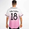 Man modeling back of pink ombre jersey printed Hello Riddim 18 in black text