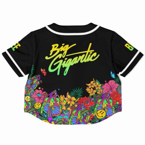 Back view of cropped jersey featuring bold text with colorful patterns