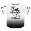 Back view of rave baseball jersey with bold black lettering tribute quote across shoulders
