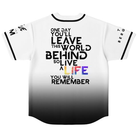 Back view of rave baseball jersey with bold black lettering tribute quote across shoulders
