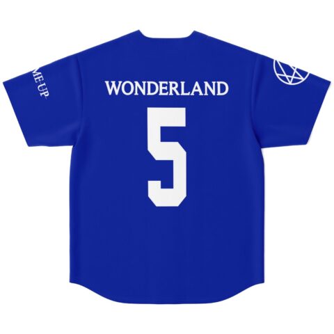 Back view of blue festival jersey with WONDERLAND text and number 5 above sleeve lettering