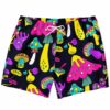 Front view of navy rave swim trunks with neon psychedelic mushroom print and white drawstring