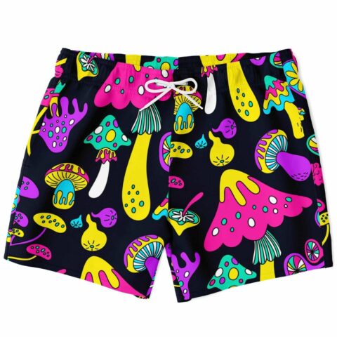 Front view of navy rave swim trunks with neon psychedelic mushroom print and white drawstring