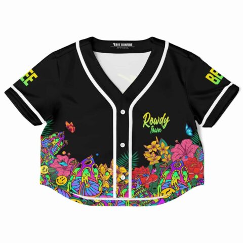 Cropped baseball jersey with vibrant floral design and smiley graphics