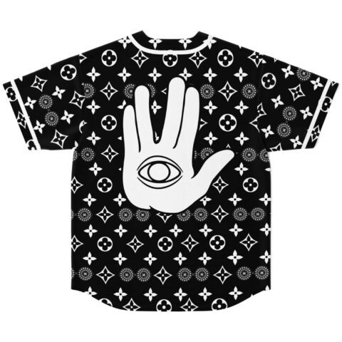 Black baseball jersey with hand symbol and eye design, back view