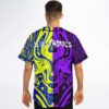 Model wearing split acid swirl rave jersey showing Leveltronics back print and one eye logo