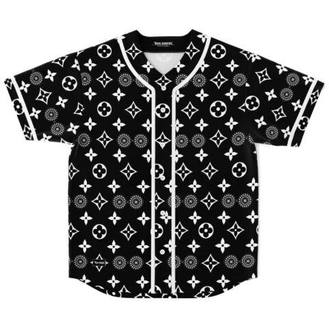 Black baseball jersey with white geometric patterns, front view