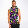 Model showing the rave sleeveless hoodie with mushroom graphics and the hood
