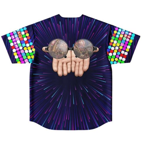 Reversible jersey back in navy with starburst rays and festival crowd sunglasses print