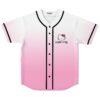 White to pink ombre rave baseball jersey with cartoon kitty graphic on chest, front view
