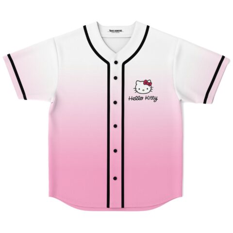 White to pink ombre rave baseball jersey with cartoon kitty graphic on chest, front view