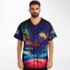 model wearing front view of galaxy print baseball jersey with dragon and bus graphic