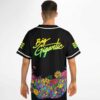 Man modeling black psychedelic jersey back view with glowing mushroom print and Big Gigantic text