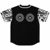 Black festival jersey back with bass-inspired goggle-eye graphic and swirl print sleeves, flat lay