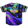 back view of jersey showing owl graphic with EDC text over neon oil slick pattern
