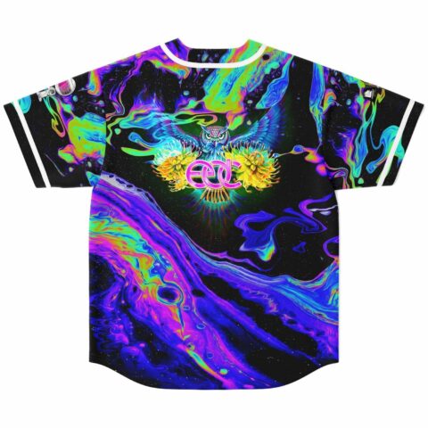 back view of jersey showing owl graphic with EDC text over neon oil slick pattern