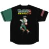 Anime-inspired baseball jersey back view with fighter graphic and Japanese title text on black