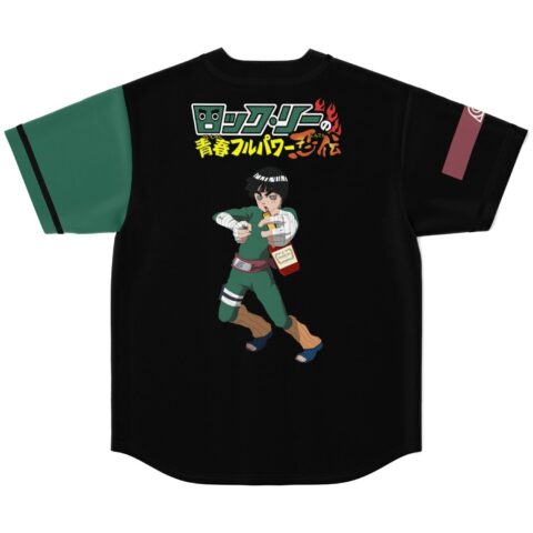 Anime-inspired baseball jersey back view with fighter graphic and Japanese title text on black