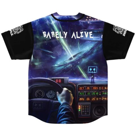 Back view of Barely Alive jersey with time machine cockpit and galaxy vortex print