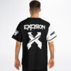 Model wearing split black and white rave jersey close-up of back graphic and sleeve text