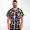 Man wearing black rave baseball jersey with trippy mushroom design and Lost Lands chest logo