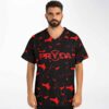 Man wearing black bright orbs rave baseball jersey with bold red text on front